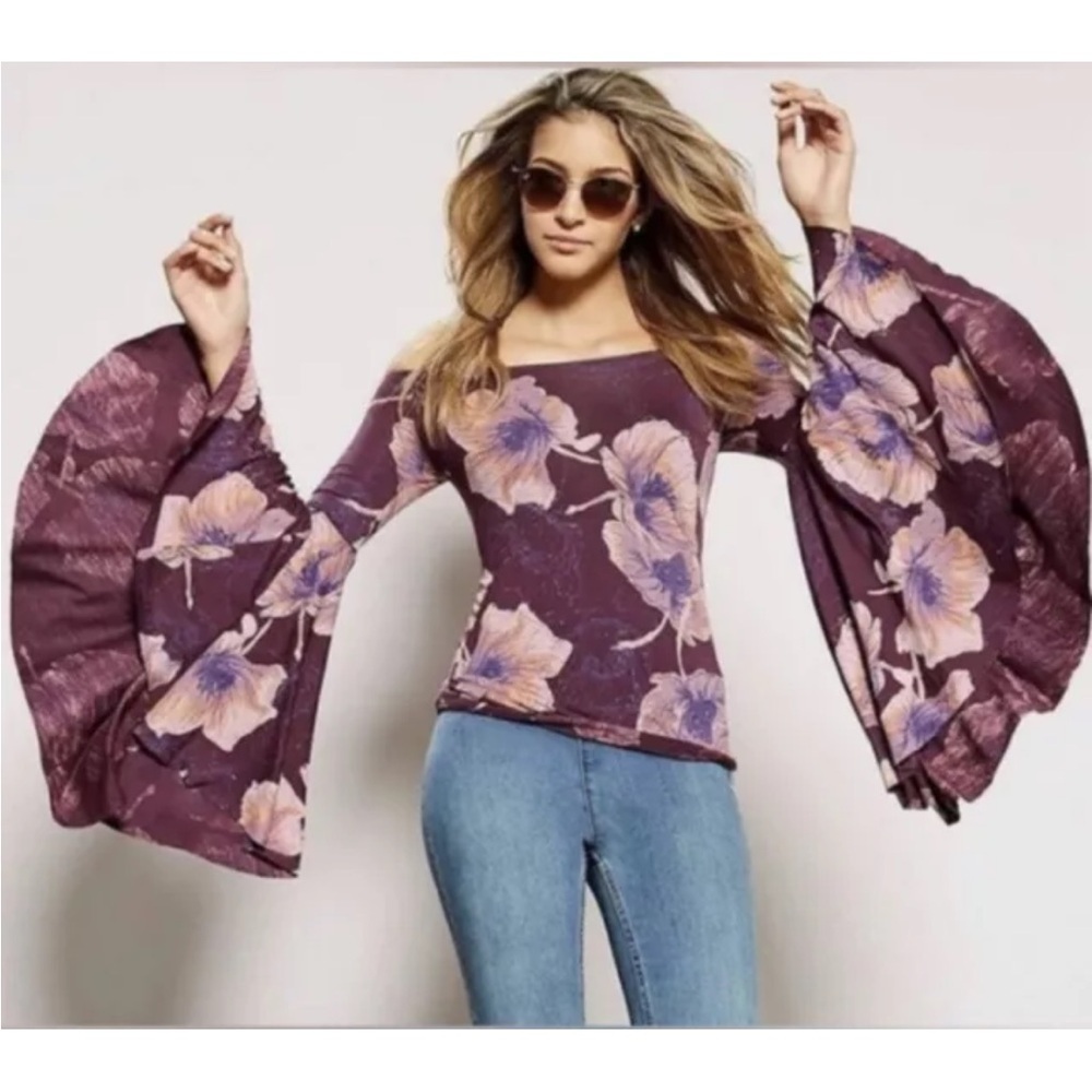Free People We The Free Birds of Paradise Floral Flare Sleeve Top Sz M Mulberry - Picture 2 of 14